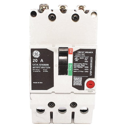 Ge TEYH3020B Molded Case Circuit Breaker, TEYH Series, 20A, 3 Pole, 277/480V AC, 35kA at 277/480V AC
