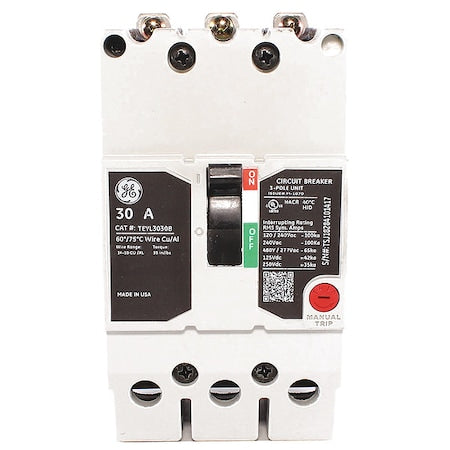 Ge TEYL3030B Molded Case Circuit Breaker, TEYL Series, 30A, 3 Pole, 277/480V AC, 65kA at 277/480V AC