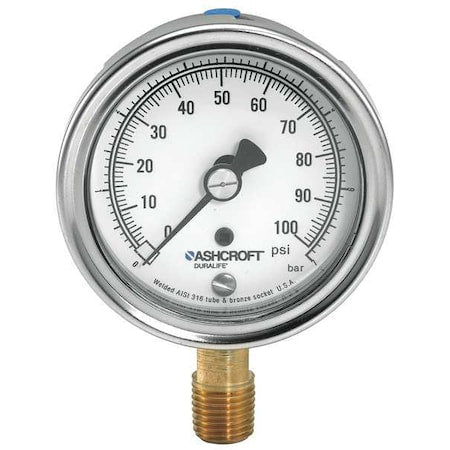 Ashcroft 351009AWL02L160# Industrial Pressure Gauge, 0 to 160 psi, 3 1/2 in Dial, 1/4 in NPT, Bottom Location