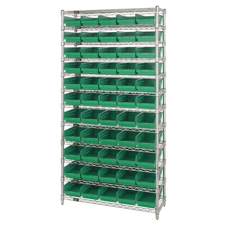 Quantum Storage Systems WR12-102GN Steel, Polypropylene Bin Shelving, 12 in D x 74 in H x 36 in W, 12 Shelves, Green