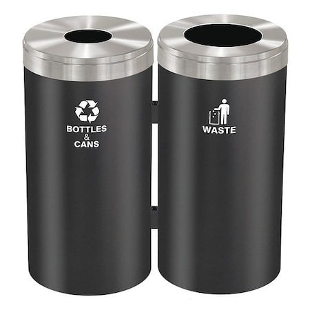 Glaro 1542-2BK-SA-B&C/W 46 gal Round Recycling Bin, Open Top, Satin Black/Satin Aluminum, Steel, 2 Openings