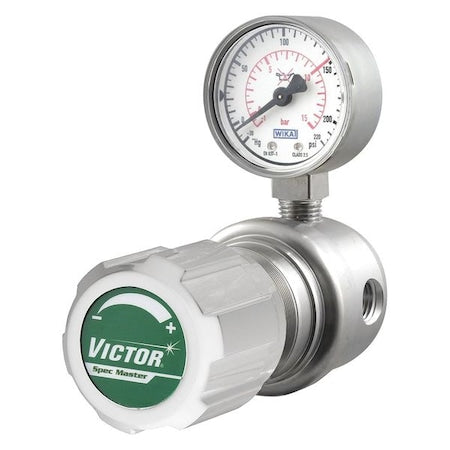 Victor 4000-9398 High Purity Gas Regulator, Argon, Helium, Nitrogen, Single Stage, 1/4 in Inlet, 1/4 in Outlet