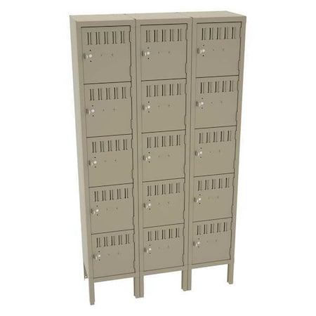 Tennsco BS5-121212-3SD Box Locker, 36 in W, 12 in D, 66 in H, (3) Wide, (5) Tier, Sand