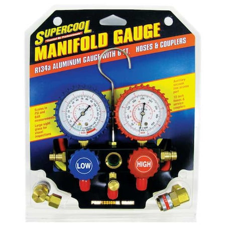Supercool 2211B A/C Manifold Gauge, PSI and BAR, Aluminum