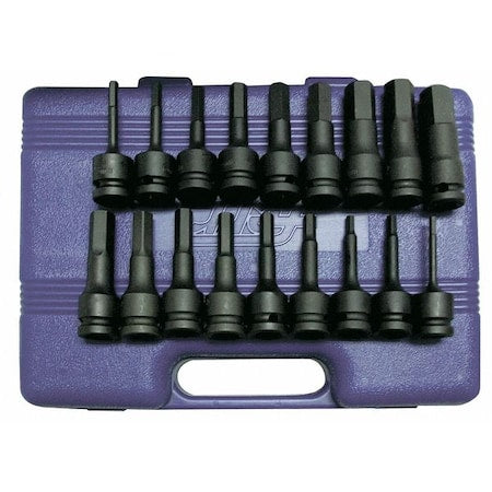 Westward 4PRH3 18-Piece Impact Bit Socket Set, 1/2 in Drive, SAE/Metric, 6 Point, Black Oxide