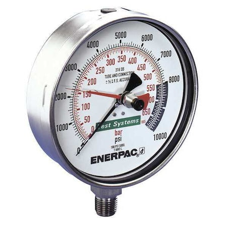 Enerpac T6007L Hydraulic Pressure Test Gauge, 0 to 10,000 psi psi, 6 1/2 in Dial, 1/4 in Cone, Bottom Location