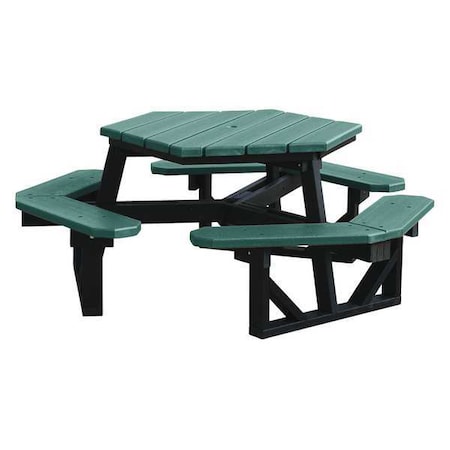 Ultrasite PB 6HEXGRE Hexagon Picnic Table, Green, Vandal Resistant Resinwood, 77-1/8 in L, 28-3/4 in H Overall Plank
