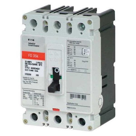 Eaton FD3025 Molded Case Circuit Breaker, FD Series, 25A, 3 Pole, 600V AC, 65kA at 240/277V AC