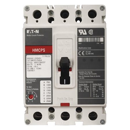 Eaton HMCPS015E0C Molded Case Circuit Breaker, HMCP Series, 15A, 3 Pole, 600V AC, 65kA at 600V AC