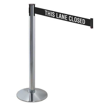 Retracta-Belt 330PAPC-TLC Barrier Post with Belt, Gray, 10 ft Length, 40 in Post Height, This Lane Closed, Polished chrome