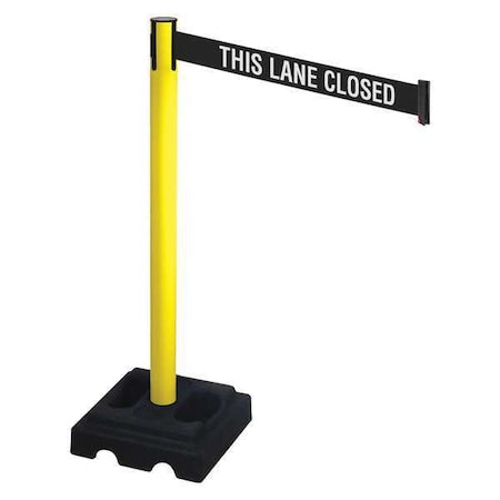 Retracta-Belt 332YA-TLC Barrier Post with Belt, Yellow, 10 ft Length, 40 in Post Height, This Lane Closed, Yellow