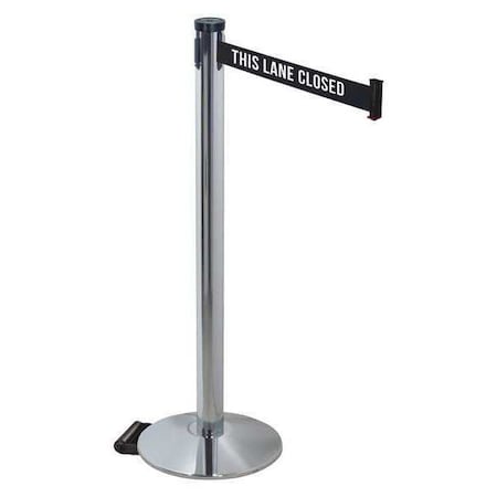 Retracta-Belt 304PAPC-TLC Barrier Post with Belt, Gray, 10 ft Length, 40 in Post Height, This Lane Closed, Polished chrome