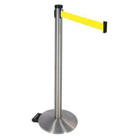 Retracta-Belt 304SASS-FY Barrier Post with Belt, Gray, 10 ft Length, 40 in Post Height, No Legend, Satin Chrome