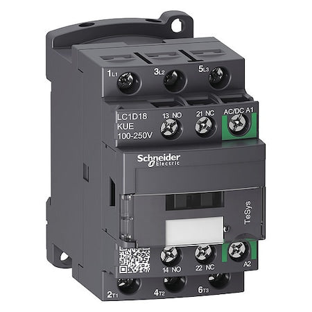 Schneider Electric LC1D18KUE IEC Magnetic Contactor, 1NC/1NO, 100V-250V AC/DC, 3 P, Non-Reversing, Screw Clamp