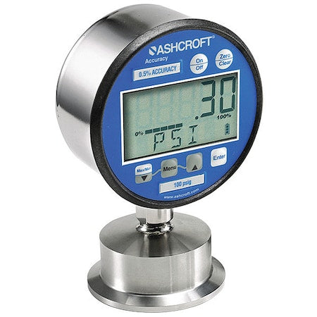 Ashcroft 302132SD15L30IMV&100#XBKBLCYLMC4 Digital Pressure Gauge, -30 to 0 to 100 psi, 3 in Dial, 1 1/2 in Tri-Clamp, Bottom