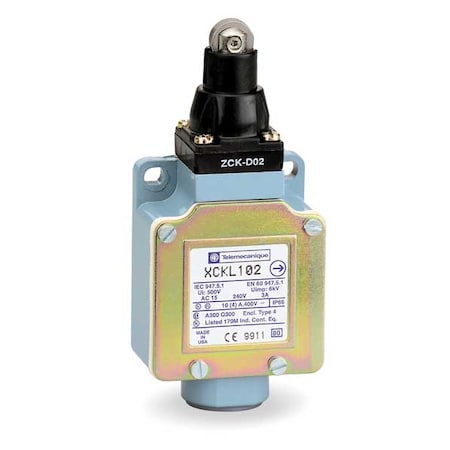 Telemecanique Sensors XCKL102H7 Limit Switch, Plunger, Roller, 1NC/1NO, 10A at 240V AC, Actuator Location: Top