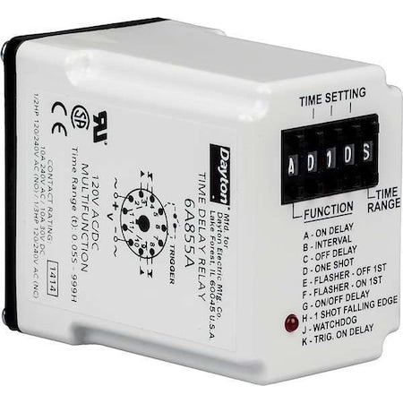DAYTON 5DRA2 Multifunction Time Delay Relay, Octal, Multi Function, 10 Functions 12V DC, DPDT