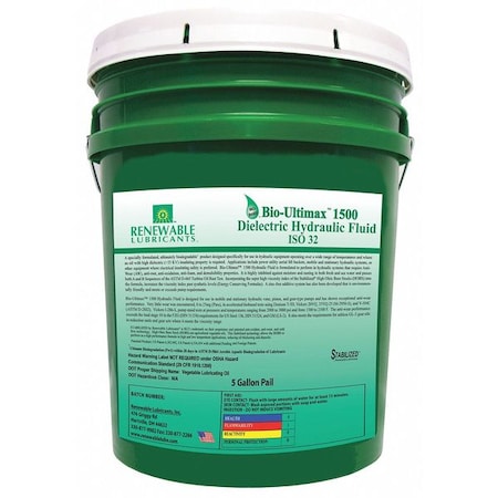 Renewable Lubricants 81054 5 gal Pail, Hydraulic Oil, 32 ISO Viscosity, Not Specified SAE