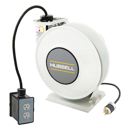 Hubbell Wiring Device-Kellems HBLI45123R20M1 Cord Reel With Hand Lamp, Spring Retracted, NEMA 5-20R, 12 AWG, White Reel