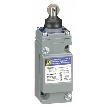 Telemecanique Sensors 9007C54D Heavy Duty Limit Switch, Plunger, Roller, 1NC/1NO, 10A at 600V AC, Actuator Location: Top