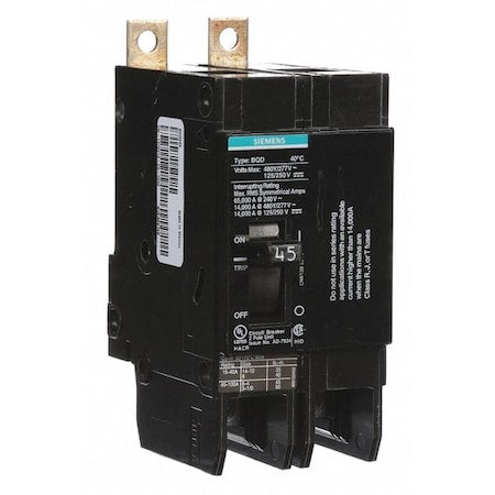 Siemens BQD245 Miniature Circuit Breaker, BQD Series, 45A, 2 Pole, 480V AC, 14kA at 480V AC