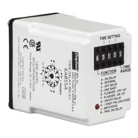 DAYTON 6A855 Multifunction Time Delay Relay, Octal, Multi Function, 10 Functions 120V AC, DPDT