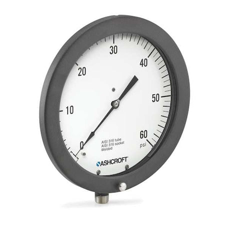 Ashcroft 851010S04L30/0IMV Vacuum Gauge, -30 to 0 psi, 8 1/2 in Dial, 1/2 in NPT, Bottom Location, Aluminum Case Material