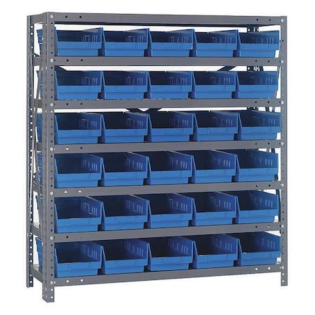 Quantum Storage Systems 1239-102BL Steel Bin Shelving, 36 in W x 39 in H x 12 in D, 7 Shelves, Gray/Blue
