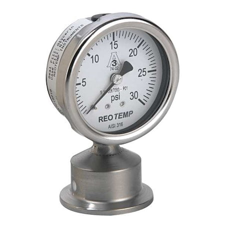 Reotemp SG25ATC15P17 Pressure Gauge, 0 to 60 psi, 2 1/2 in Dial, 1 1/2 in Tri-Clamp, Bottom Location