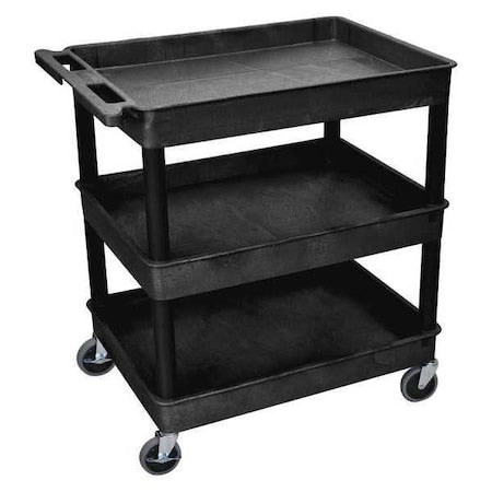 Luxor TC111-B Utility Cart with Deep Lipped Plastic Shelves, 400 lb Load Capacity, 3 Shelves, 32 in L, 24 in W