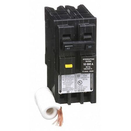 Square D HOM240GFI Miniature Circuit Breaker, HOMELINE Series, 40A, 2 Pole, 240V AC, 10kA at 240V AC, A Curve