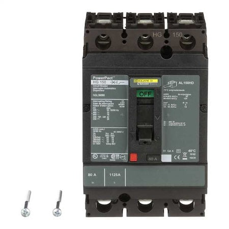 Square D HGL36080 Molded Case Circuit Breaker, POWERPACT H Series, 80A, 3 Pole, 600V AC, 65kA at 240V AC