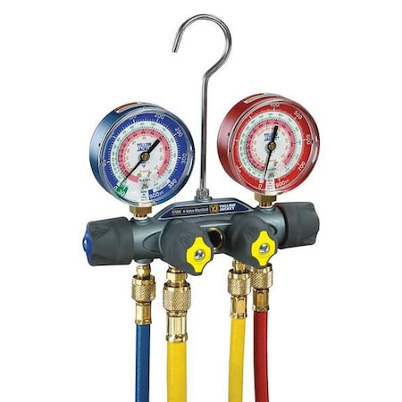 Yellow Jacket 49967 Mechanical Manifold Gauge Set, 4 Valve, 4 Hoses, Vacuum Port Size 3/8 in
