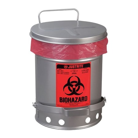 Justrite 05914 Biohazard Waste Container, 6 gal., Silver