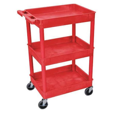 Luxor RDSTC111RD Utility Cart with Deep Lipped Plastic Shelves, 300 lb Load Capacity, 3 Shelves, 24 in L, 18 in W