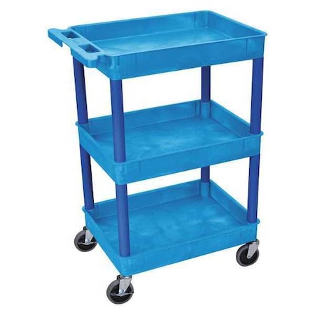 Luxor BUSTC111BU Utility Cart with Deep Lipped Plastic Shelves, 300 lb Load Capacity, 3 Shelves, 24 in L, 18 in W