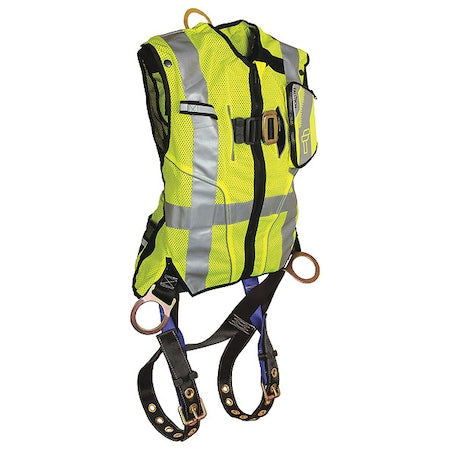 Falltech G7018LXL Hi-Vis Vest Full Body Harness, L/XL, 425 lb., Mating Chest/ Tongue Leg Straps, Back, Hips D-Ring